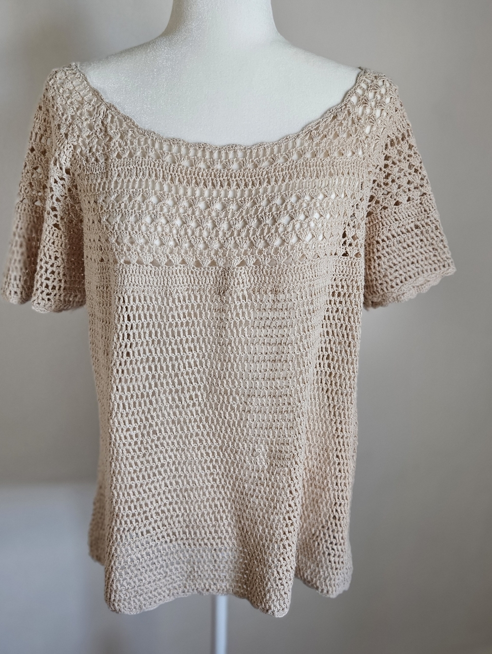 Eddie Bauer Hand Crocheted Top Linen Cotton Cream Boho Coastal Boatneck XL
